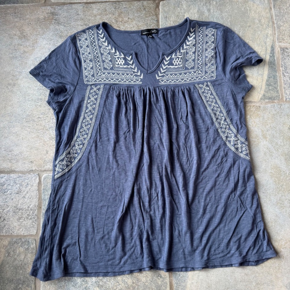 RXB‎ Women's Medium Blue Embroidered Boho Western Cottagecore Flowy Top